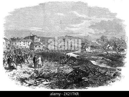 Le village de Bradfield, près de Sheffield, scène des inondations tardives - d'après un croquis de notre artiste spécial, 1864. Scène de '...un terrible disaster...involving la destruction soudaine de plusieurs centaines de vies humaines...[causée par] l'éclatement du réservoir de la Sheffield Water Company à Bradfield... il semble, malheureusement, que... l'épaisseur du remblai n'était que de 40 pieds [alors qu'il] aurait dû avoir une épaisseur de 54 pieds... nous pouvons essayer de concevoir le déversement soudain par ce canal d'une centaine de millions de pieds cubes d'eau - c'est-à-dire, deux millions de tonnes de poids de l'eau tous déversés à la fois dans Banque D'Images