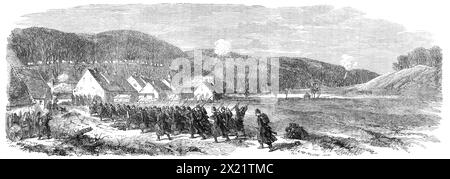 Illustrations de la guerre au Danemark : combat entre Danois et Autrichiens à Veile le 8 mars 1864. '... le régiment d'infanterie autrichien de Hesse a été envoyé... à travers le marais gelé au-dessus de la ville, pour gagner le pont sur une petite rivière appelée le Veile AA... les Danois se sont repliés, quittant la ville, puis ils ont pris position sur les hauteurs boisées abruptes où leur artillerie était postée, sur le côté nord de Veile. Il y a quelques maisons pauvres au bout de la ville, près de la colline, qui est l'endroit montré dans le croquis de notre artiste. Le long du sommet de cette colline, où la fumée de musc Banque D'Images