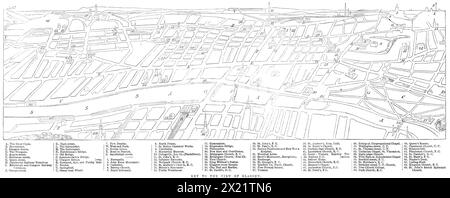 Carte de Glasgow, 1864. « Cette ville est la plus grande d'Écosse et l'une des plus grandes villes provinciales du Royaume-Uni. Il se trouve dans le comté de Lanark, à quarante-deux miles à l'ouest par sud d'Édimbourg, sur les rives de la Clyde. Cette rivière noble, après un cours de 100 milles, se déverse dans le Firth, à environ vingt milles à l'ouest de Glasgow, ayant le port et la ville de Greenock sur la rive sud de son estuaire, là où la rivière rejoint la mer... la vue de Glasgow montrée dans notre gravure est prise du côté sud. Toute la partie qui est correctement appelée Glasgow se trouve sur la BA nord Banque D'Images