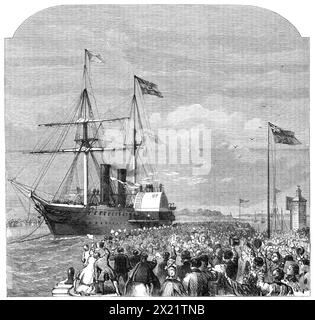 L'arrivée de Garibaldi à Southampton à bord du bateau à vapeur péninsulaire et oriental Ripon, 1864. Giuseppe Garibaldi, le héros populaire de l'unification italienne, est accueilli par des foules acclamantes à son arrivée en Angleterre. Tiré de "Illustrated London News", 1864. Banque D'Images