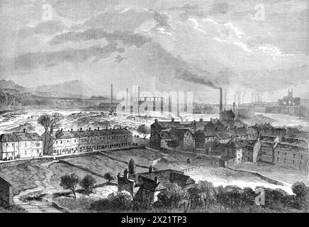 Sheffield, de Langsett Road, montrant les banlieues qui ont été inondées - d'après un croquis de notre artiste spécial, 1864. 'Vue de Sheffield, prise de la Langsett Road, surplombant Hillfoot et Neepsend, la banlieue de la ville jouxtant la rivière Don... L'enquête... a abouti à un verdict déclarant, bien sûr, que le défunt est venu à leur mort par noyade dans l'inondation causée par l'éclatement du réservoir Bradfield... et le jury déclare en outre leur opinion "qu'il n'y a pas eu cette compétence d'ingénierie et cette attention à la construction des ouvrages que leur magn Banque D'Images