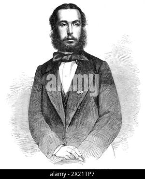 Ferdinand Maximilien d'Autriche, empereur du Mexique, 1864. Nous avons gravé un portrait du nouvel empereur du Mexique, Ferdinand Maximilien Joseph, et archiduc d'Autriche, deuxième frère de l'empereur François Joseph d'Autriche. Il est maintenant en route pour le pays sur lequel il a été invité à régner, accompagné de son impératrice, Maria Charlotte, fille de Léopold, roi des Belges. L'archiduc Maximilien, comme il a été jusqu'ici communément appelé, est dans la trente-quatrième année de son âge. Il était vice-roi des dominions autrichiens de l'Italie, appelé le Royaume Lombardo-vénitien, entre les deux Banque D'Images