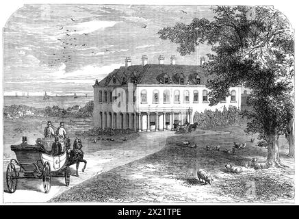 Brook House, île de Wight, résidence de M. Seely, député, visité par Garibaldi, 1864. '...une vue de Brook House, près de Freshwater, vers l'extrémité ouest de l'île - un manoir agréable dans un site abrité, avec beaucoup de paysages sauvages et pittoresques de la côte autour d'elle. Le seigneur du manoir est M. Seely, député de Lincoln, qui s'est fait l'honneur d'avoir Garibaldi comme invité pendant toute la semaine, à partir de lundi, le 4e inst. Jusqu'à lundi dernier. Au temps de Henry VII. La dame du manoir, Dame Joanna Bowerman, a diverti ce roi dans sa maison, où se trouve maintenant la maison de Mr. Seely. Banque D'Images