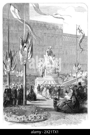 Commémoration de Shakspeare à Londres : Monument de Shakspeare au Crystal Palace, 1864. Événement célébrant le tricentenaire de la naissance de Shakespeare. La Crystal Palace Company a fait de ce samedi un jour shilling au lieu d'un demi-jour de couronne, comme d'habitude. Ils ont maintenant ouvert à la vue du public la représentation exacte de la maison de Shakspeare, de la même taille que l'original, modelé par Mr. E. T. Parris, dans le transept central, avec la cour de Shakspeare, qui contient des maquettes du buste sur sa tombe et des tombes de sa femme et de sa fille. Notre gravure montre le monument, par Mr. Thomas, maintenant érigé Banque D'Images
