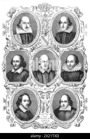 Portraits de Shakspeare, 1864. '...selon les meilleures autorités, il n'y a même pas de portrait pour lequel on puisse affirmer qu'il était assis...le centre...[portrait] est la représentation la plus authentifiée et la plus ancienne du poète que nous ayons. C'est le buste dans le choeur de l'église de Stratford, sur sa tombe... le portrait suivant est celui qui préfixe aux folios de 1623...it est dans le coin supérieur droit...[et] est l'estampe de [Martin] Droeshout... le portrait qui appartient à la nation, et qui a été affirmé être celui de Shakspeare, nous avons gravé à gauche du buste. C'est g Banque D'Images