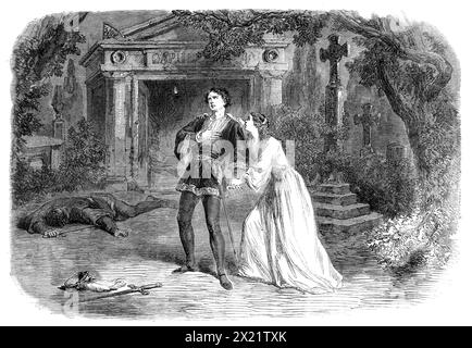 La commémoration de Shakspeare à Stratford-on-Avon : scène de Roméo et Juliette, telle que jouée dans le Pavillon du Festival, 1864. Célébration du tricentenaire de la naissance de William Shakespeare. 'La tragédie de "Roméo et Juliette" a été représentée... nous avons gravé un croquis de la dernière scène de la version d'acteur de cette pièce, dans laquelle, après la mort de Paris, le malheureux couple d'amants, à l'entrée du tombeau de Juliette, rencontrez-vous d'une manière dont Shakspeare ne savait rien ; car le récit de Shakspeare est que Roméo était mort du poison avant que Juliette ne se réveille. Un autre compliment Banque D'Images