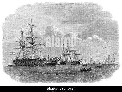 La guerre au Danemark : l'escadron austro-prussien à Cuxhaven après sa défaite au large d'Heligoland, 1864. '...une vue de l'escadron austro-prussien couché au large de Cuxhaven, à l'embouchure de l'Elbe, d'où il est revenu le lendemain de sa bataille avec les trois navires danois, qu'il a rencontrés entre cet endroit et l'île britannique d'Helgoland. Le plus grand navire de cette escadron est la frégate autrichienne Schwartzenberg, de cinquante canons, qui se distingue facilement, car elle a perdu son contremaître et son intestin, du feu de la prévoie par l'un des obus danois. Elle a trente fusils entre Banque D'Images