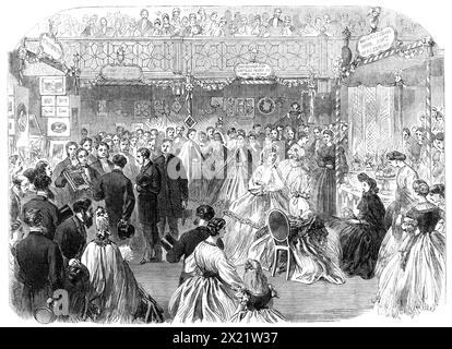 Bazaar chez un parfait James's Hall à l'aide des écoles protestantes françaises de Soho, [Londres], 1864. 'L'ouverture du grand bazar de fantaisie... au profit des écoles libres protestantes françaises situées à Gerrard-Street, Soho, a été honorée par la présence du prince et de la princesse de Galles. On ne s'attendait pas à ce que son Altesse Royale ait assisté au bazar; mais, au grand plaisir et au profit des stallkeepers de foire, il a accompagné la princesse de Galles, et au cours de sa visite a acheté beaucoup des contributions exquises envoyées de Paris, Genève et Berlin pour le bénéfice de Banque D'Images