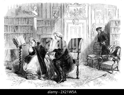 Scène de "David Garrick", au Haymarket Theatre : Garrick (Mr Sothern) suppliant Ada Ingot (Miss Moore) de retourner à son père, 1864. Production scénique de Londres. 'Ceux de nos lecteurs qui sont curieux de savoir à quoi ressemble Mr. Sothern maintenant qu'il a enlevé sa moustache... seront intéressés par la gravure [de] la nouvelle pièce de "David Garrick." M. Sothern, comme tous les joueurs le savent, assume la partie éprouvante du grand acteur anglais... son imitation est facile et naturelle. Il peut sembler un compliment curieux de payer à un acteur qui représente un autre, de dire que le Banque D'Images