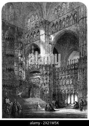 "Chapelle du maître-autel dans la cathédrale de Tolède", par S. Read, dans l'exposition de la Société des peintres en aquarelles, 1864. Gravure d'un tableau. 'La vue dans... l'intérieur sombre et impressionnant de la grande cathédrale... est prise de l'intérieur de l'immense grille qui sépare le chœur du transept... ici, comme dans toutes les autres parties de la cathédrale, les objets ne sont vus qu'à travers une "faible lumière religieuse", tel est le caractère massif de l'architecture et la quantité de vitraux... seulement quelques femmes cagoulées dans leurs mantillas, avec un nombre encore plus petit Banque D'Images