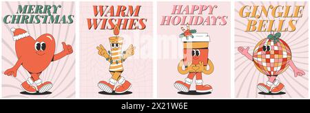 Ensemble d'affiches joyeux Noël et bonne année. Personnages ludiques et espiègles dans un style groovy à la mode. Éléments et formes de dessin animé rétro. Illustration de Vecteur