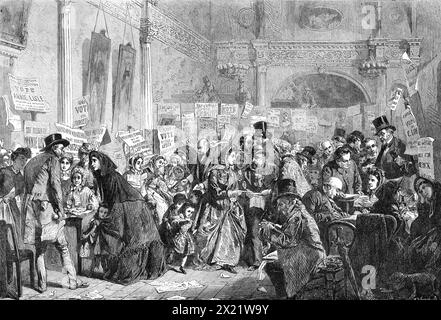 "Infant Orphan Election at the London Tavern - Polling", par G.E. Hicks, dans l'exposition de la Royal Academy, 1865. Gravure d'un tableau. L'image est ...essentially pathétique et dramatique dans les contrastes qu'elle présente, et pourtant celle qui n'est pas dépourvue de nourriture pour l'humour innocent... une occasion est offerte pour obéir à l'injonction divine de "se souvenir de la veuve et de l'orphelin," et en même temps pour profiter de toute l'excitation d'un concours politique... quelle sensation irrésistible en-tête pourrait être empruntée à l'une des pancartes de cette image par un grand Banque D'Images