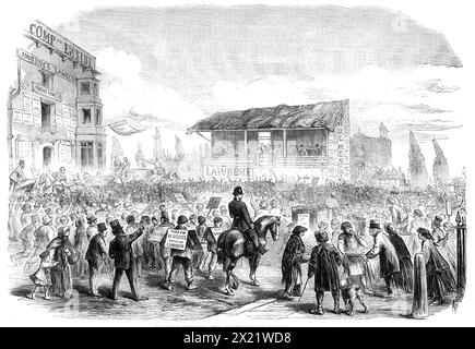 The Elections in the Metropolitan Boroughs : Lambeth Election : The nomination at Kennington Park, [Londres], 1865. Vue devant l'entrée principale du parc Kennington. 'A Lambeth, le directeur du scrutin, M. H. Onslow, a présidé à la nomination. M. Frederick Doulton a été proposé par M. Evans et appuyé par M. James Richardson ; M. James Clark Lawrence a été proposé par M. R. Taylor et appuyé par M. Lyon ; M. Thomas Hughes a été proposé par M. G. T. Wilson et appuyé par M. Stuart Barker; M. James Haig a été proposé par M. F. Fowler et appuyé par M. Reynell. M. Doulton, échevin Banque D'Images