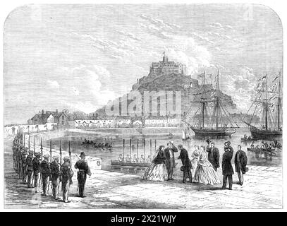 Le prince et la princesse de Galles débarquent à un lieu Michael's Mount, [Cornwall], 1865. '...à l'extérieur de Marazion se trouve la roche conique singulière, ou plutôt une série de roches, connue sous le nom de parfaite Michael's Mount... ce rocher, qui est d'environ un mile de circonférence, et qui pendant six heures sur douze est complètement entouré par la mer, est l'une des principales attractions de l'endroit... il se tient fièrement hors de la mer comme si défiant tout ce que les bourdons peuvent faire contre elle, et est tour à tour chaque jour une île et une péninsule, au fur et à mesure que la marée tombe et que rises...it devint, par achat, la propriété de Sir John nouveaux Aubyn, Banque D'Images