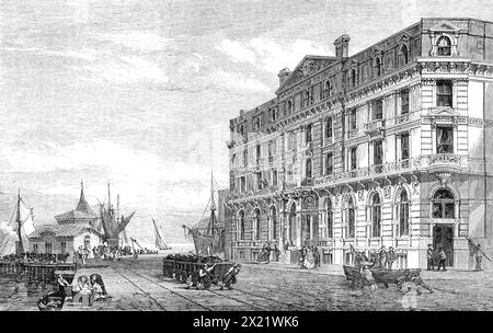 Le Great Eastern Railway Terminus and Hotel à Harwich, 1865. « La ville et le port de Harwich... est en train de devenir l'une des stations les plus importantes de notre commerce avec la Hollande, l'Allemagne et d'autres pays d'Europe du Nord. Le trafic de voyageurs, également, par la ligne des bateaux à vapeur Harwich et Rotterdam, appartenant à la Great Eastern Railway, ne devrait pas être moins important. Nous donnons une illustration de la pile noble de bâtiments que la Great Eastern Railway Company a érigé, près du port et de la jetée des bateaux à vapeur... le style de l'architecture est italien... la façade est très belle. I Banque D'Images