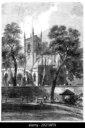 Handsworth Church, Birmingham, le lieu de sépulture de James Watt, 1865. La tombe de James Watt, ornée de la noble statue de Chantrey, se trouve dans une petite chapelle du côté sud du choeur de l'église de Handsworth. Ici, les limites étroites de la chapelle, avec sa fenêtre ombragée par des arbres, renforcent le caractère solennel et imposant de la figure. Sur les côtés du choeur se trouvent des comprimés à la mémoire de Boulton et Murdock. C'est un endroit approprié pour contempler la vie de ces hommes, associés comme ils l'étaient aux ouvrages voisins de Soho. Boulton y avait établi la première manufacture de modèles, wh Banque D'Images