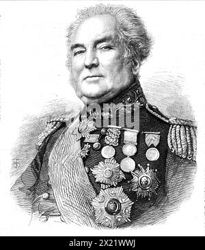 Feu le général Sir George Brown, G.C.B., 1865. Gravure d'après une photographie de Mr. L. Werner. « Au cours des soixante dernières années, presque jusqu'au moment de sa mort, feu général a servi dans l'armée, voyant beaucoup de service actif et tenant de nombreux commandements importants, le dernier étant celui des forces en Irlande, à laquelle il a été nommé il y a cinq ans. La génération actuelle se souviendra le mieux de Sir George Brown en tant que commandant de la division légère pendant la guerre de Crimée, et de la brillante persévérance avec laquelle il a balayé les obstacles préparés par les Russes sur les pentes au-delà de l'Alma Banque D'Images