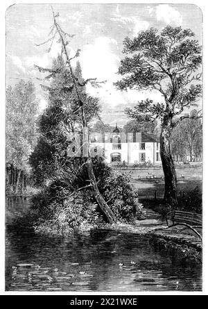 Heathfield House, près de Birmingham, résidence de James Watt, 1865. Vue de '...la dernière résidence de James Watt, Heathfield House, où il est mort, en 1819...la tour de son lieu de sépulture, Handsworth Church, est en vue de la maison où il a passé les dernières années de sa vie studieuse et utile. Bien que dans les environs de Birmingham, Heathfield House a tout le caractère d'un manoir de gentleman de campagne. Le domaine est petit, mais les plantations, les pelouses et les promenades, aménagées par James Watt lui-même, sont conçues avec beaucoup de talent et de goût. Le propriétaire actuel, Mr. J. W. Gibson Watt, prend la voiture Banque D'Images