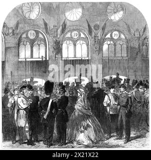 L'Association nationale belge des fusils à Bruxelles : le point de tir, 1865. Réunion annuelle «...à laquelle des volontaires anglais ont également été spécialement invités...[illustration montrant] le genre de boîtes ou de stalles à partir desquelles les tireurs ont dû tirer... tout le tournage se fait sous couvert d'un grand bâtiment en briques, généralement connu sous le nom de "le tir"...sur un côté se trouvent trente-six petits "stylos" ou boîtes pour les tireurs, chaque boîte en face d'une fenêtre regardant une cible...chaque boîte ou "stylo" est équipé d'un support pour les fusils, et des étagères...la portée est de 225 mètres ou 246 yards' Banque D'Images