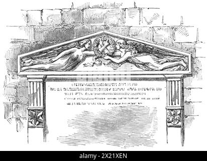 Tablette à la mémoire du père et de la mère de Lord Palmerston, à l'église Romsey Abbey, 1865. Les tombes du père et de la mère de Lord Palmerston, ainsi que celle de Sir William Temple, son frère, et celles d'autres membres de sa famille sont dans cette église. Nous avons gravé un dessin de la tablette murale, par Flaxman, qui a été érigée par feu le Ministre à la mémoire de ses parents, à propos de l'époque où il est entré dans la vie publique. L'inscription, qui a probablement été composée par lui-même, se présente comme suit : « sacré à la mémoire de Henry vicomte Palmerston, Baron Temple, et de Mary vicomtesse Pal Banque D'Images