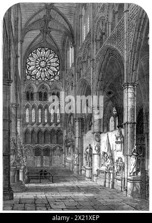 "Statesmen's Corner", transept Nord, abbaye de Westminster, [Londres], 1865. 'Les monuments les plus anciens de plus grande taille, visibles sur le côté opposé du transept nord sont ceux de deux ducs de Newcastle. Il s'agit d'abord de William Cavendish, le duc loyaliste, mort en 1676, et qui repose ici avec sa femme, la duchesse Margaret... le second est John Holles, le duc mort en 1711. Trois de nos anciens amiraux - à savoir Sir Charles Wagner, Vernon, de Portobello, et Sir Peter Warren - sont également logés ici... la statue de Canning, par Sir Francis Chantrey, est presque Banque D'Images