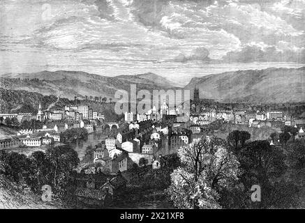 Tiverton, Devonshire, pour lequel Lord Palmerston siégea à la Chambre des communes, en 1865. 'La ville de Tiverton... est agréablement situé sur la rivière Exe, à environ quatorze miles de la ville d'Exeter. Il se dresse sur un terrain montant à la confluence de l'exe avec un ruisseau plus petit appelé le Loman...la vue que nous avons gravée était de taken...from le terrain à la fin de la rue Andrew. Il montre le nouveau Townhall, non loin du pont ; équipé L'église de Pierre, se levant derrière. Sur la gauche se trouve la rivière Exe, en dessous du pont, dont seulement deux arches apparaissent ; sur le côté le plus éloigné de la rivière se trouve W Banque D'Images