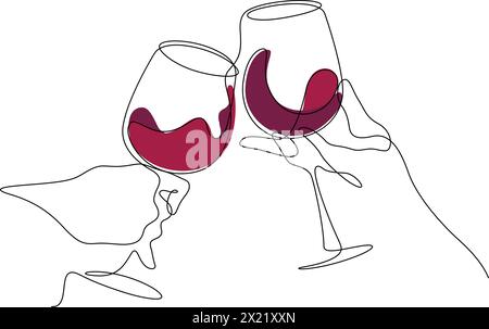 dessin continu d'une ligne de verre de vin festif toast cheers pose ensemble illustration vectorielle dessinée à la main Illustration de Vecteur