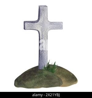 Pierre tombale, pierre tombale grise comme croix, colline, herbe. Attribut de cimetière, mort, christianisme, Halloween. Memorial Day. Aquarelle dessinée à la main Banque D'Images