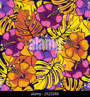 Motif floral sans couture avec fleurs d'hibiscus et feuilles de monstera. Illustration vectorielle Illustration de Vecteur