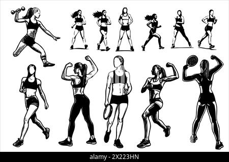 Une série de silhouettes de femmes et d'hommes dans diverses poses athlétiques. La scène est énergique et active Illustration de Vecteur