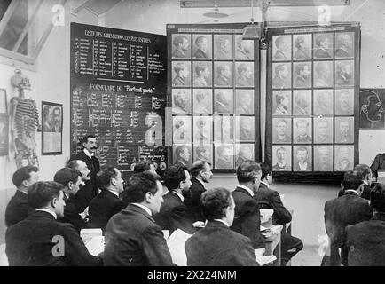 Classe portrait parle, France, entre c1910 et c1915. Montre classe étudiant la méthode Bertillon d'identification criminelle, développée par le criminologue français Alphonse Bertillon (1853-1914). Banque D'Images