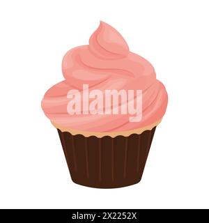 Cupcake à la crème rose, délicieux dessert isolé sur fond blanc. Nourriture sucrée, célébration. Clipart, élément de conception. Illustration vectorielle Illustration de Vecteur