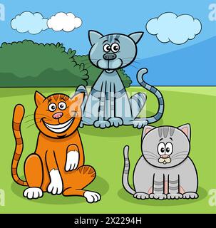 Illustration de bande dessinée de personnages animaliers comiques de chats drôles dans le pré Illustration de Vecteur