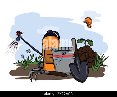 Illustration vectorielle lumineuse dessinée à la main des outils de jardin, pelle, râteau, seau, pulvérisateur et nature de printemps. Illustration de Vecteur