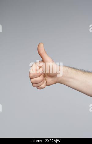 Plan studio vertical de la main d'hommes méconnaissables montrant le signe pouce vers le haut, fond gris, espace de copie Banque D'Images