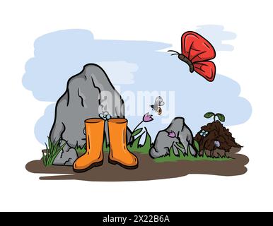 Vecteur lumineux illustration dessinée à la main de la nature printanière, des pierres, de l'herbe, des fleurs et des bottes en caoutchouc Illustration de Vecteur