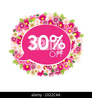 Étiquette isolée avec nuage parlant et symbole de réduction de 30 %. Cadre floral. Fond mignon avec des fleurs et des feuilles. Conception de coupons de shopping. Illustration de Vecteur