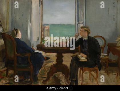 Intérieur à Arcachon, 1871. La femme de Manet lève les yeux de son écriture pour profiter de la vue, tandis que son fils tient ce qui semble être une cigarette, apparemment perdue dans ses pensées. Banque D'Images