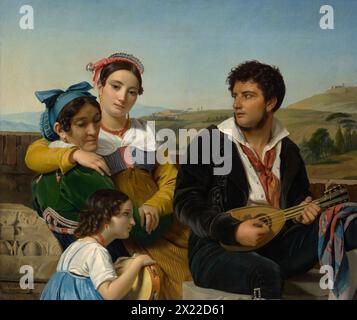 Groupe musical, 1821. Un homme jouant de la mandoline regarde ardemment une jeune femme attirante assise sur les genoux de sa mère&#x2019;s. La femme plus âgée regarde un enfant avec un tambourin, qui à son tour regarde les mains de l'homme. Banque D'Images