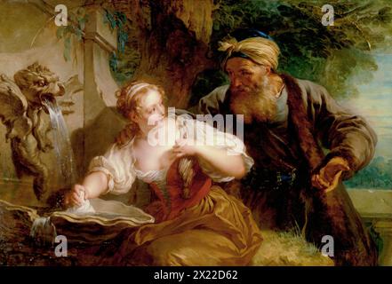 La proposition amoureuse, c1725. Une jeune femme, se rafraîchissant avec un mouchoir humide, est surprise par un homme plus âgé portant de lourds vêtements doublés de fourrure. Il semble lui poser une question, parfois interprétée comme une proposition, mais le sujet précis du tableau reste flou. Banque D'Images