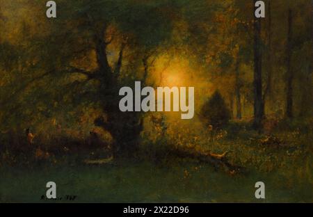 Lever du soleil dans les bois, 1887. Tôt le matin, la lumière du soleil filtre à travers une forêt dense, jetant des formes dans l'ombre profonde. Les détails de la composition émergent grâce à une observation attentive : un personnage conduisant du bétail sur la gauche, une bûche tombée délimitée par la lumière du soleil râtelant, et un grand arbre silhouette. Banque D'Images