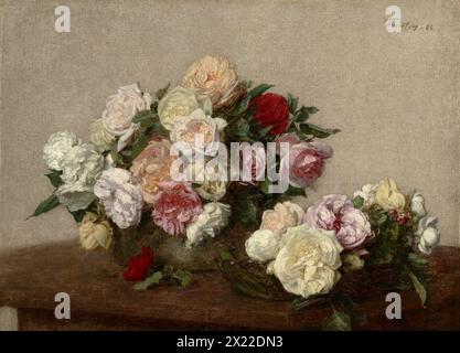 Roses dans Un bol et un plat, 1885. Banque D'Images