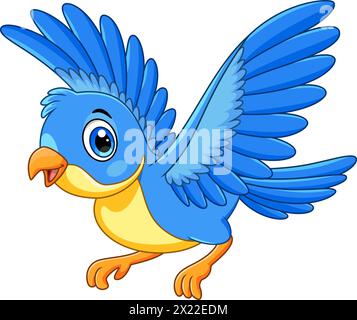 Joli dessin animé oiseau bleu volant sur fond blanc Illustration de Vecteur