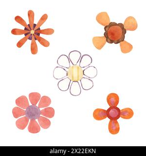 Fleurs rétro dans le style abstrait minimaliste des années 70. Hippie boho indie clipart. Illustration de Marguerite groovy aquarelle pour autocollants de puissance de fleur, conceptions nostalgiques, flyers, impression, citations, style dessin animé Banque D'Images