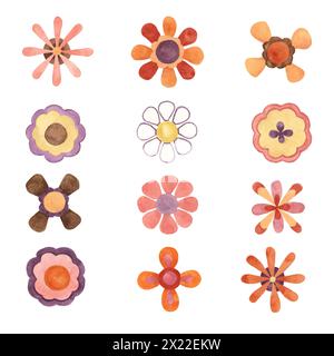 Fleurs rétro dans le style abstrait minimaliste des années 70. Hippie boho indie clipart. Illustration de Marguerite groovy aquarelle pour autocollants de puissance de fleur, conceptions nostalgiques, flyers, impression, citations, style dessin animé Banque D'Images