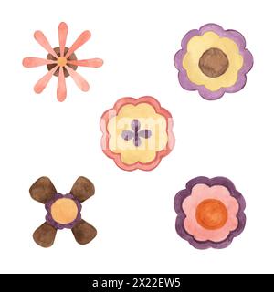 Fleurs rétro dans le style abstrait minimaliste des années 70. Hippie boho indie clipart. Illustration de Marguerite groovy aquarelle pour autocollants de puissance de fleur, conceptions nostalgiques, flyers, impression, citations, style dessin animé Banque D'Images