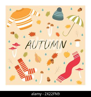 Illustration vectorielle. Coldection des icônes d'automne. Vêtements, champignons, fruits Illustration de Vecteur
