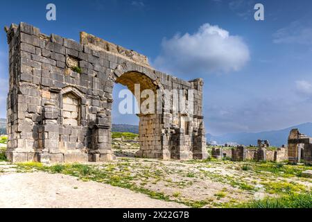 Volubilis, Maroc - 20 mars 2024 : attraction touristique et site archéologique romain situé près de Meknès. Volubilis, Maroc est une HER mondiale de l'UNESCO Banque D'Images