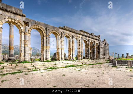 Volubilis, Maroc - 20 mars 2024 : attraction touristique et site archéologique romain situé près de Meknès. Volubilis, Maroc est une HER mondiale de l'UNESCO Banque D'Images