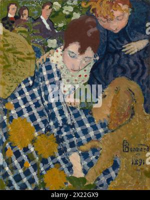 Femmes avec Un chien, 1891. Bonnard&#x2019;s soeur et cousine jouant avec le chien de la famille dans un jardin, avec trois personnages juste visibles derrière eux. Banque D'Images